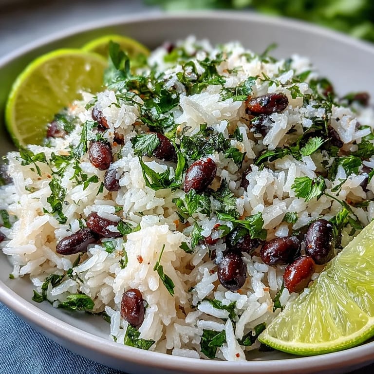 Fluffy coconut lime rice with black beans, perfect with chopped cilantro.