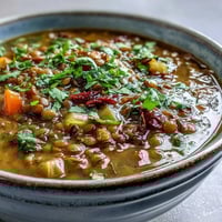 A steaming bowl of mung bean soup garnished with fresh cilantro and a lemon slice, perfect for a nourishing vegan meal.