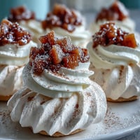 Fragrant Mini Hot Toddy Pavlovas feature crisp meringue nests topped with whisky-spiked pears and soft whipped cream.