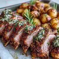 Golden-brown One-Pan Roast Rack of Lamb and Green Olive Potatoes sizzling next to pink, juicy lamb chops.