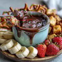 Rich Boozy Chocolate Fondue with melted dark and milk chocolate, fresh strawberries and apple wedges ready for dipping.