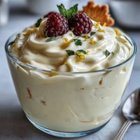 Bright lemon zest garnishes this chilled Lemon Fool in a glass, with creamy layers and a buttery shortbread cookie on the side.