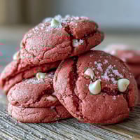 Freshly baked Pink Velvet Cookies with creamy white chocolate chips arranged on a cooling rack.