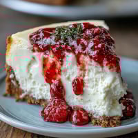 Decadent White Chocolate Raspberry Cheesecake Bliss slices reveal creamy filling and a buttery graham cracker crust.