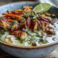 Steaming Thai Coconut Curry Soup Bowl with tender chicken, mushrooms, and vibrant carrots in a rich red curry coconut broth.