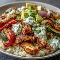 Golden-brown roasted chicken strips and vibrant fajita vegetables sizzling on a sheet pan fresh from the oven.