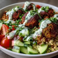 Crisp baked falafel rests on fluffy quinoa with cucumber, cherry tomatoes, and green onion in this wholesome Falafel Quinoa Salad Bowl.