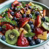 Spring Fruit Table Platter with Dipping Yogurt Sauce, a colorful spread of fresh berries, kiwi, and tropical fruits arranged for sharing and paired with creamy honey-yogurt dip.