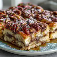Fluffy pancake casserole baked golden brown with maple syrup drizzle and optional pecans for crunch.