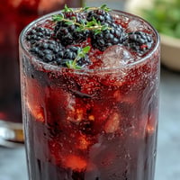 Vibrant blackberry lavender lemonade fizz in a tall glass, garnished with fresh berries and lavender sprigs, sparkling and refreshing.